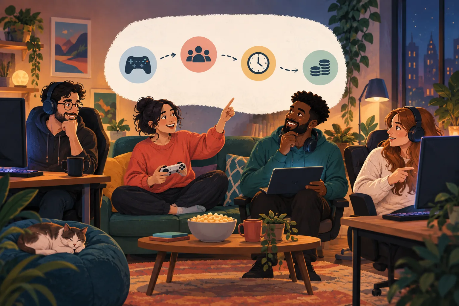 Four friends planning a cooperative game night with icons for platform, group, time, and budget