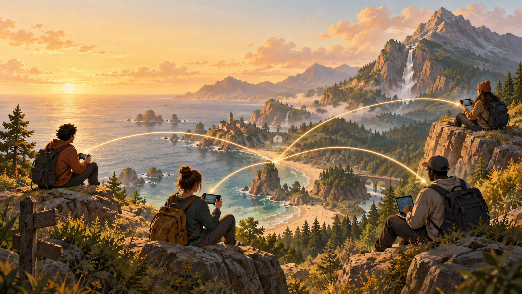 Four distant friends connect across a coastal mountain landscape while using different devices
