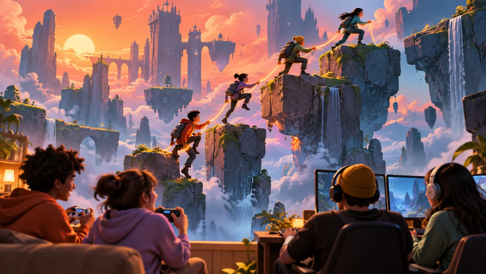 Four friends working together to climb a glowing rope route across floating platforms while others play on controllers and computers