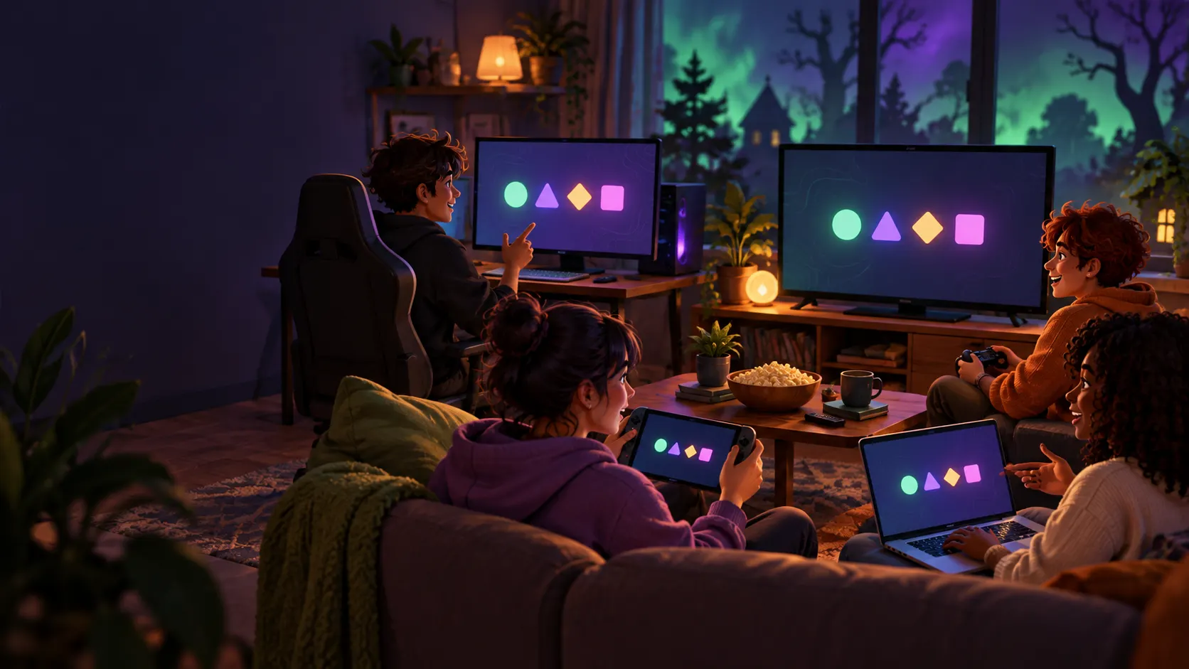 Original illustration of four friends coordinating a mixed-device co-op game session from a living-room setup