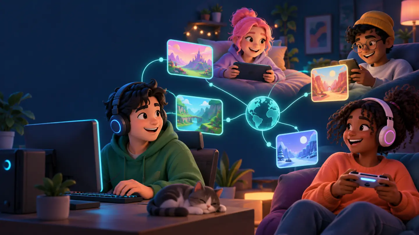 Four friends playing a colorful online co-op game night from a desktop computer, handheld device, phone, and controller