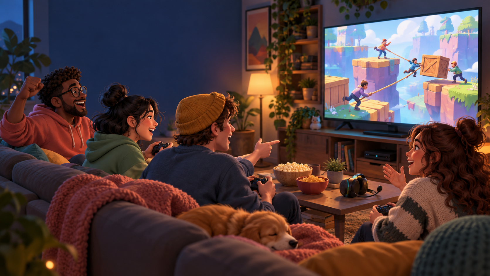 Four friends collaborate on a colorful cooperative game in a living room