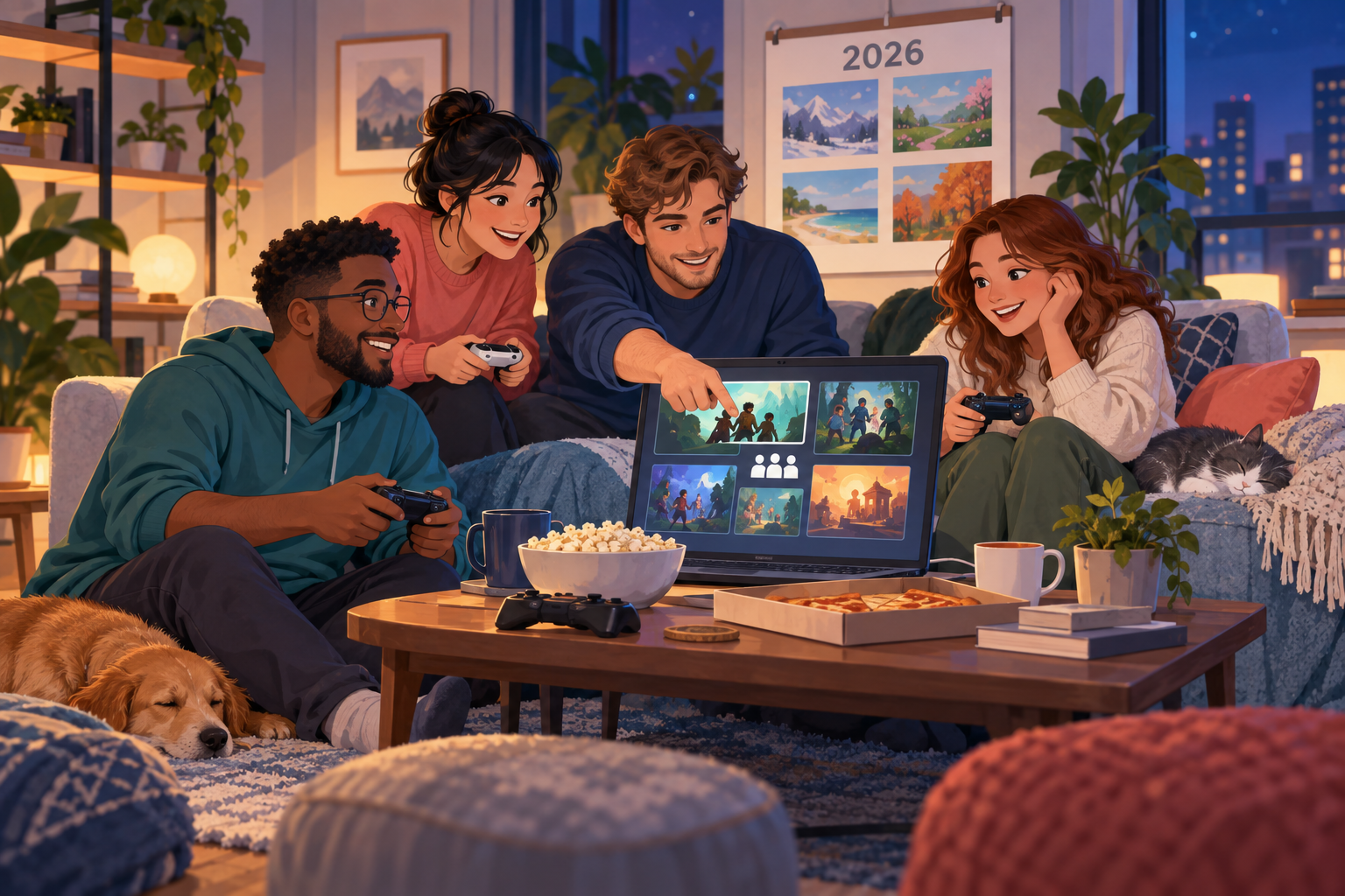 Four friends choosing a cooperative game release from a 2026 calendar in a living room