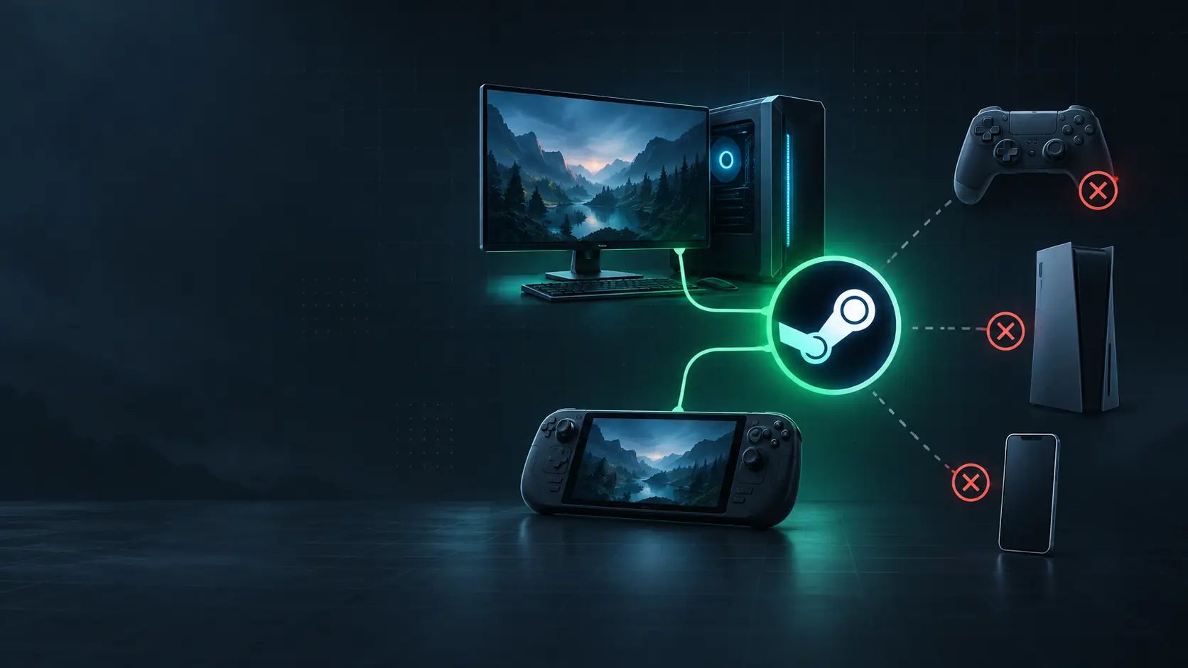 A PC and a handheld PC connected to the same game service, while console and phone devices are shown outside the connection